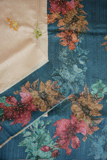 Ivory Semi Raw Silk Saree with Teal Blue Digital Floral Border