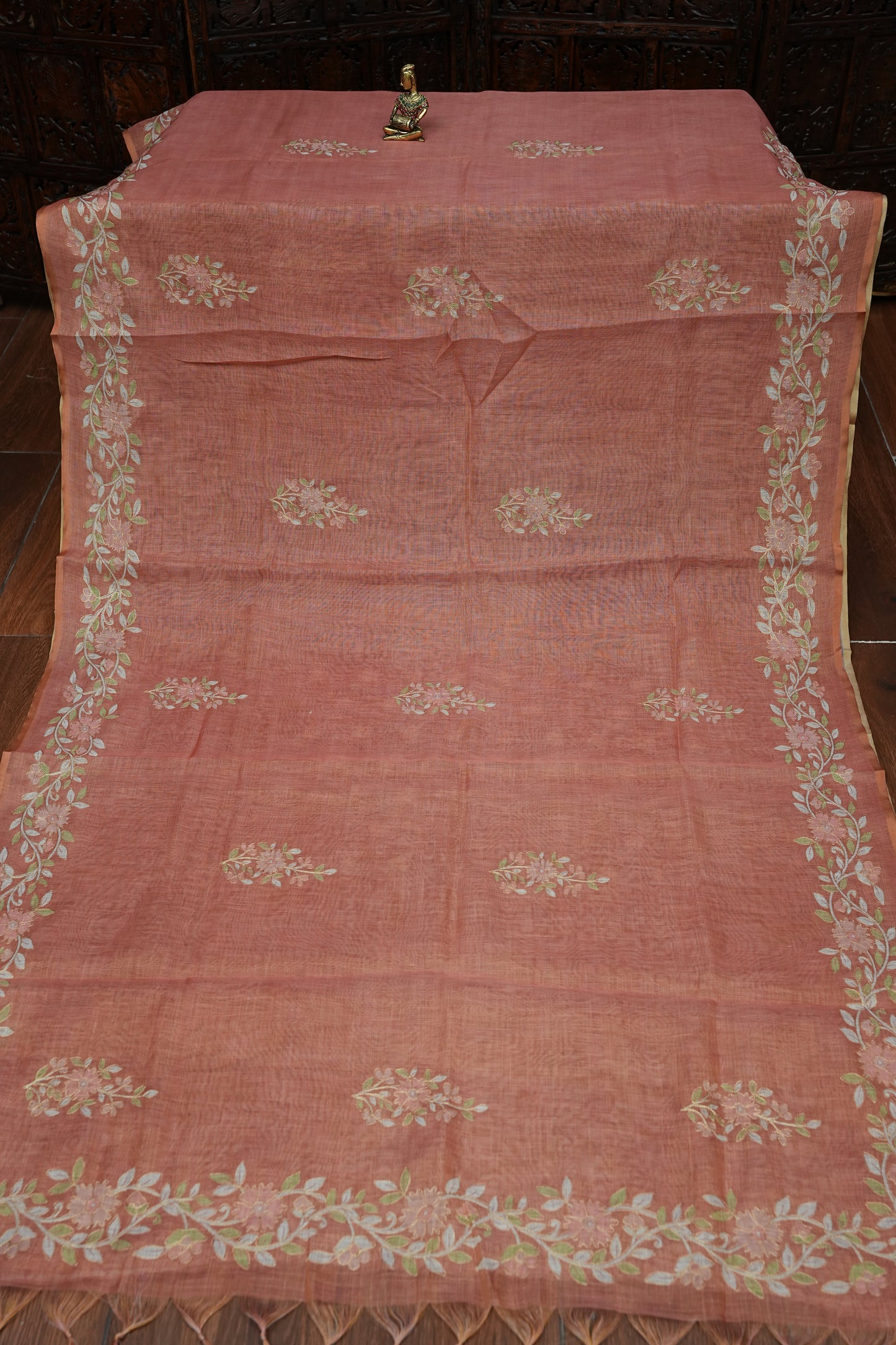 Embroidered Jute Linen Saree - Terracotta Peach