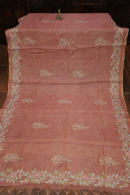 Embroidered Jute Linen Saree - Terracotta Peach
