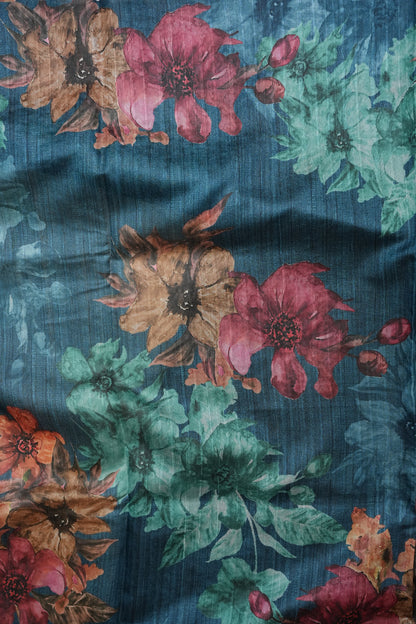 Ivory Semi Raw Silk Saree with Teal Blue Digital Floral Border