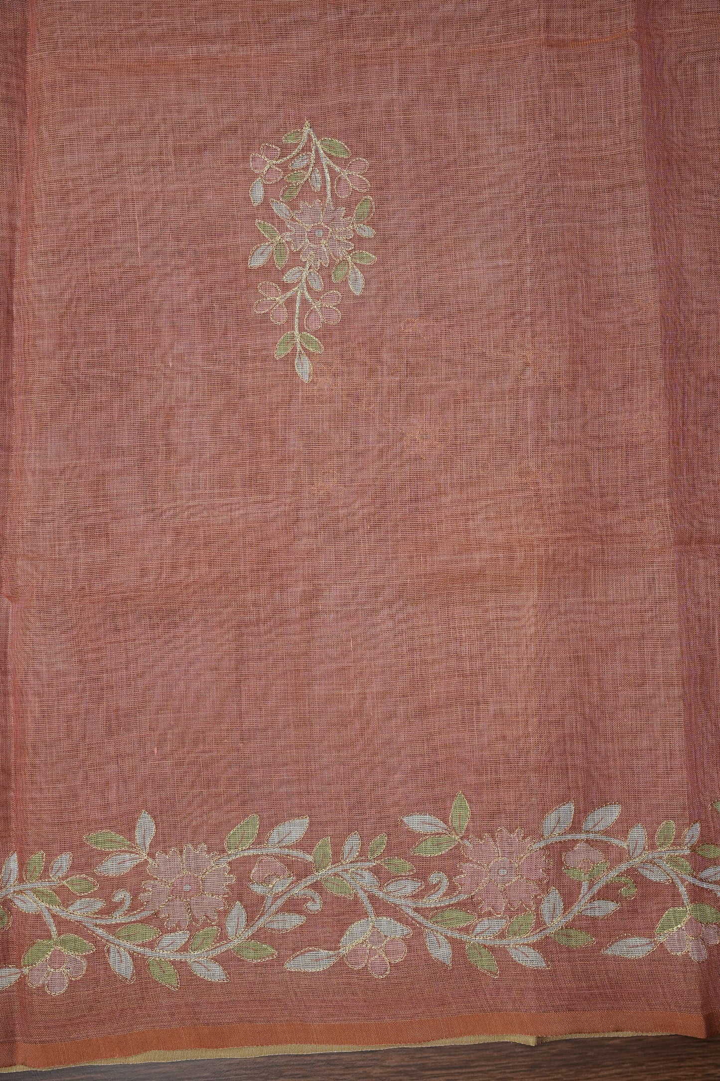 Embroidered Jute Linen Saree - Terracotta Peach