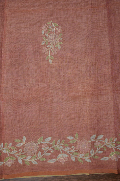 Embroidered Jute Linen Saree - Terracotta Peach