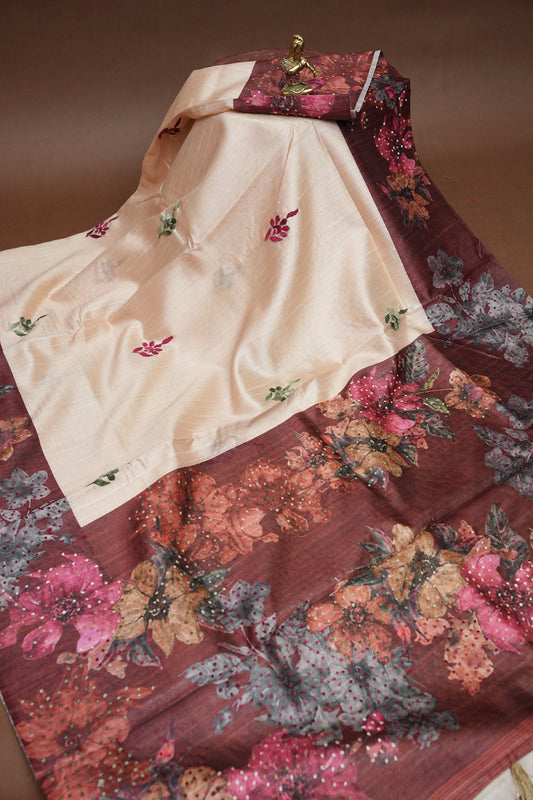 Ivory Semi Raw Silk Saree with Wine Floral Digital Printed Border