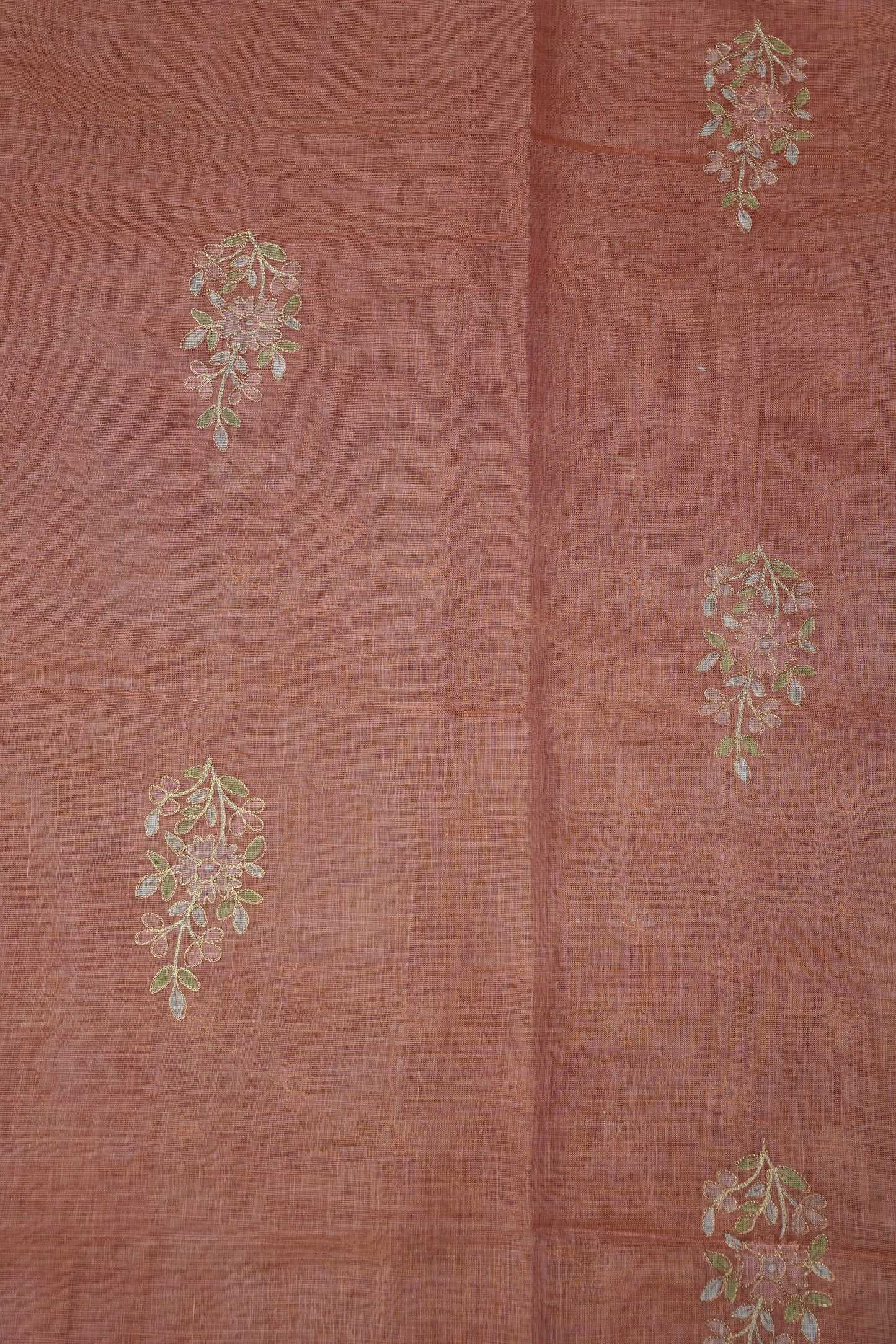 Embroidered Jute Linen Saree - Terracotta Peach