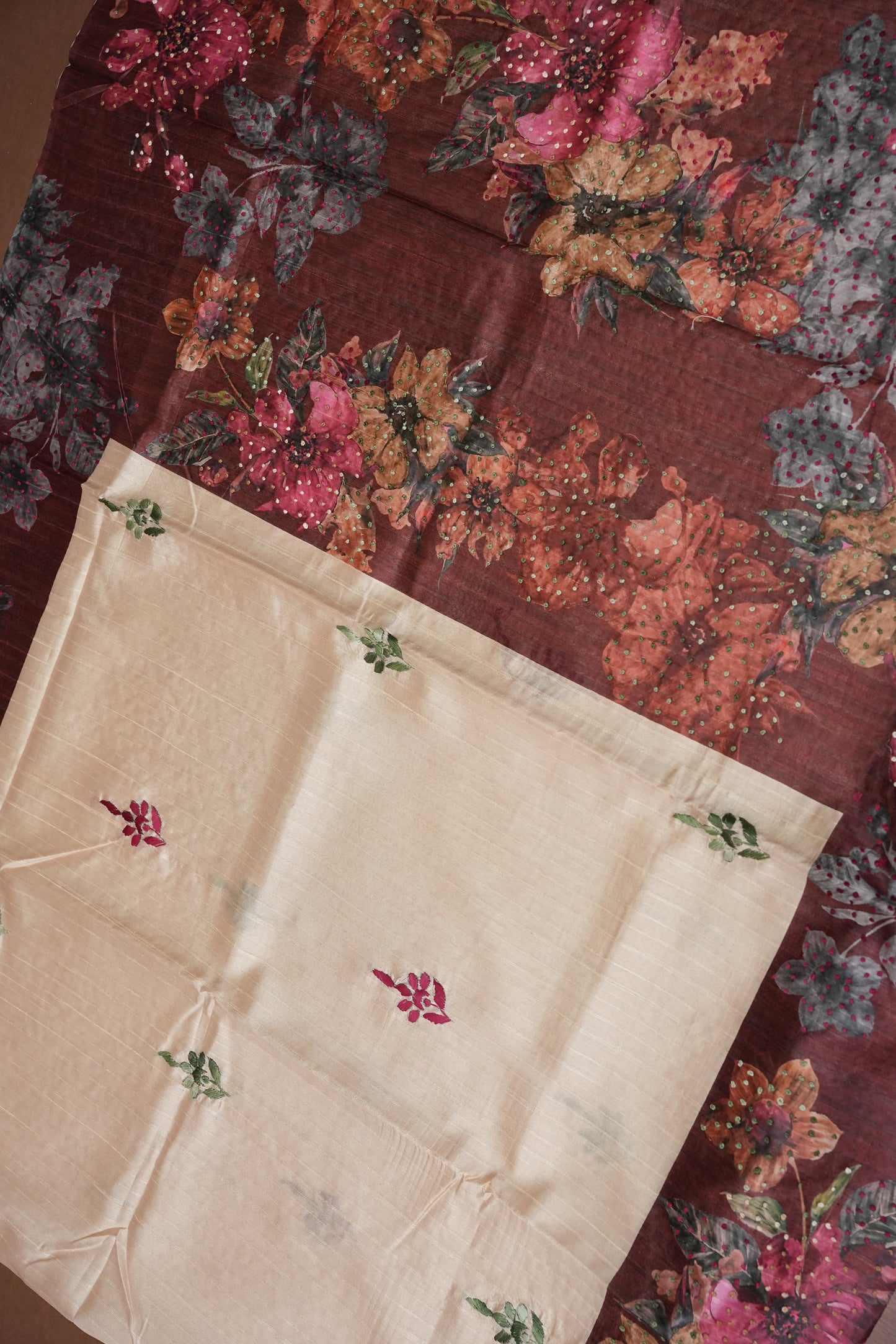 Ivory Semi Raw Silk Saree with Wine Floral Digital Printed Border