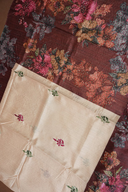 Ivory Semi Raw Silk Saree with Wine Floral Digital Printed Border