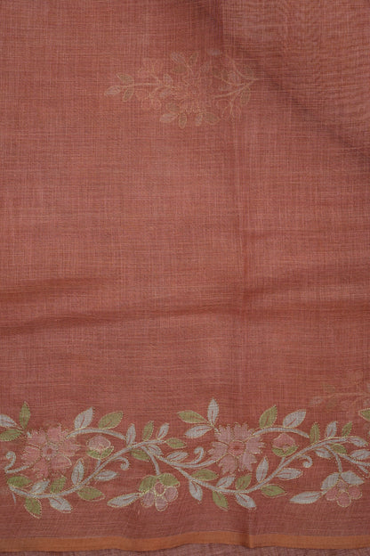 Embroidered Jute Linen Saree - Terracotta Peach