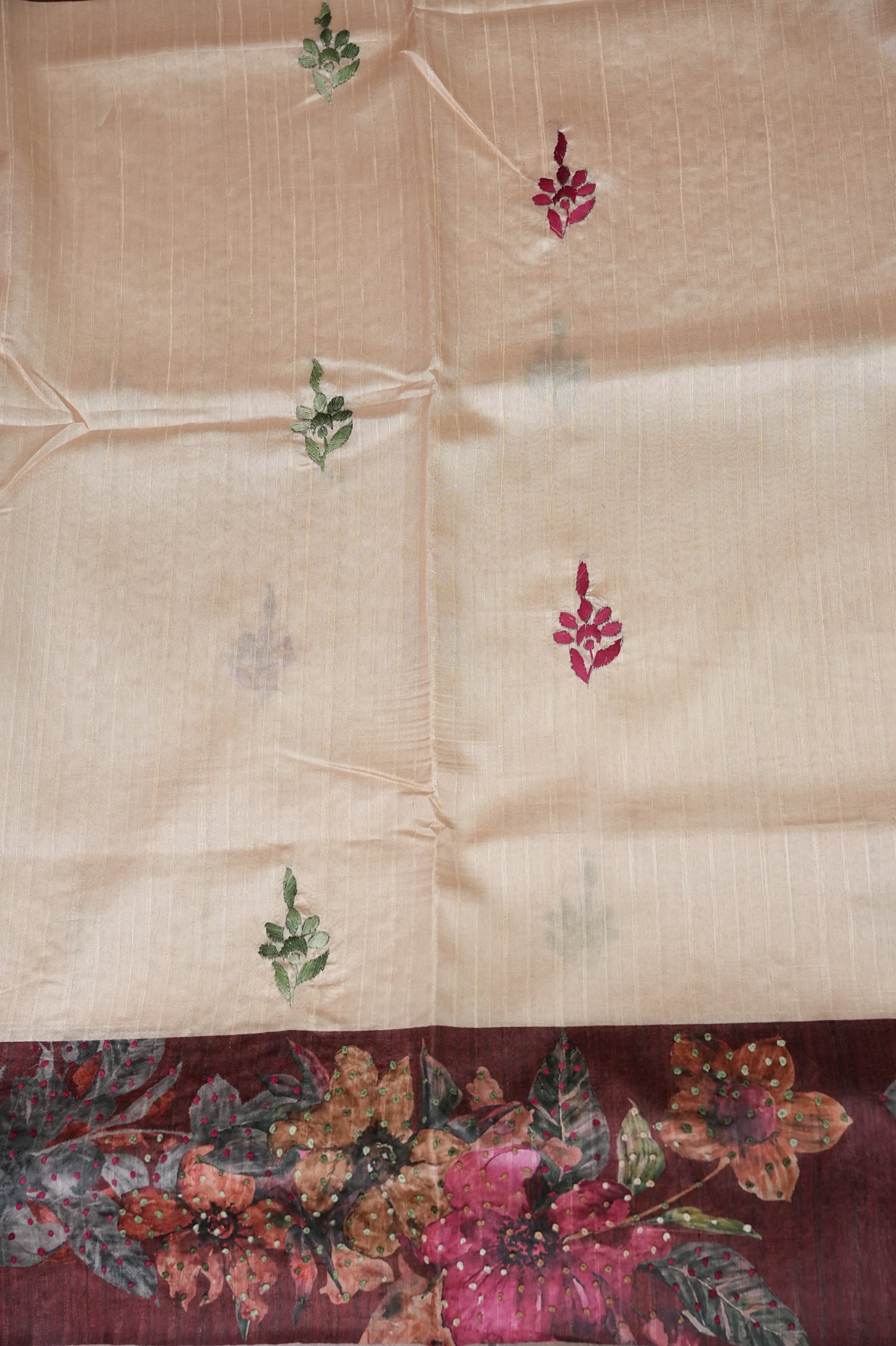 Ivory Semi Raw Silk Saree with Wine Floral Digital Printed Border