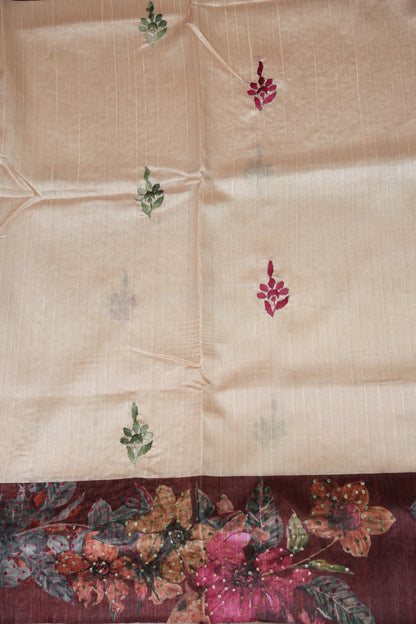 Ivory Semi Raw Silk Saree with Wine Floral Digital Printed Border