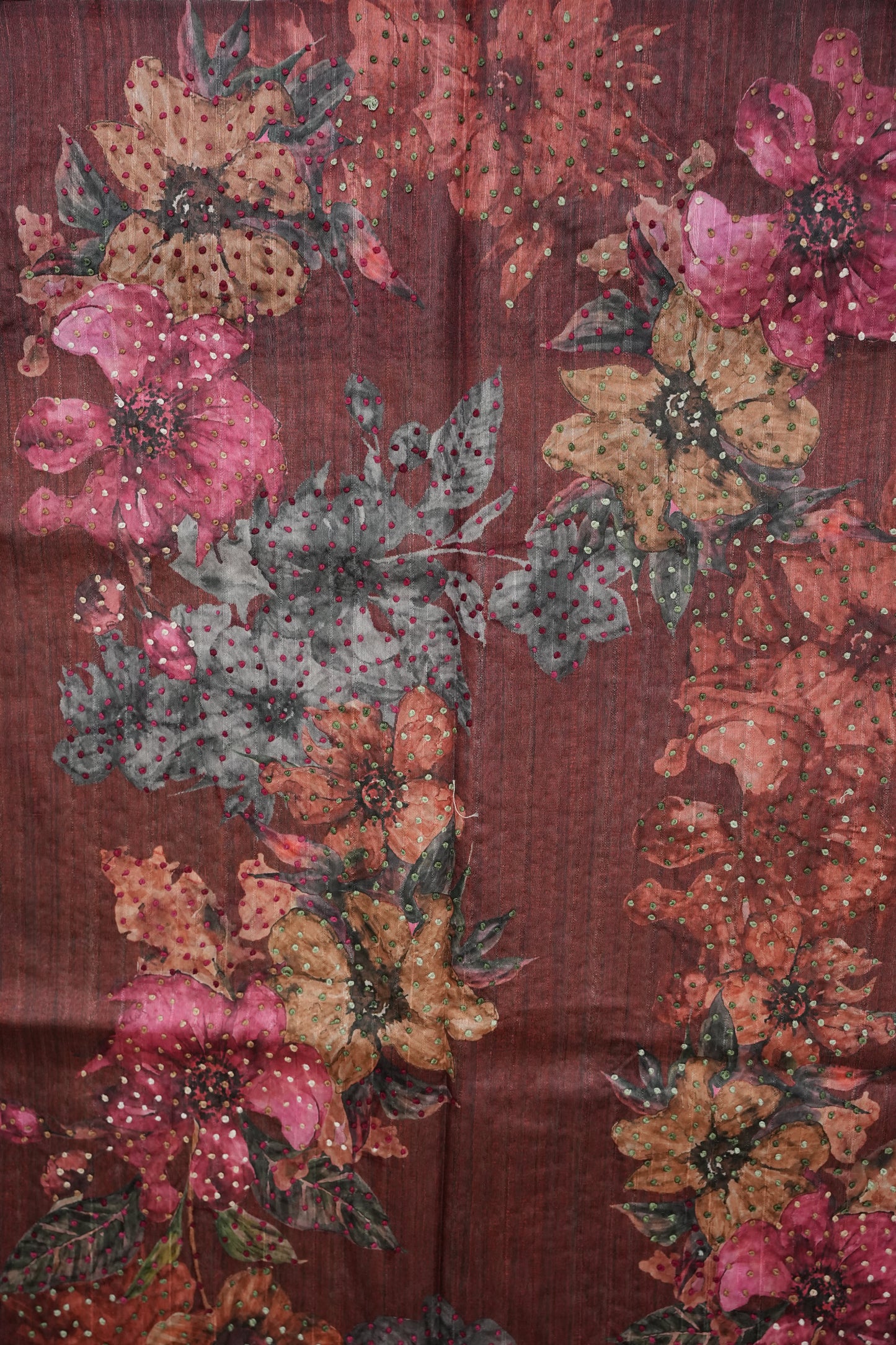 Ivory Semi Raw Silk Saree with Wine Floral Digital Printed Border