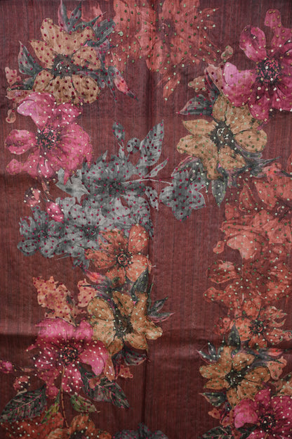 Ivory Semi Raw Silk Saree with Wine Floral Digital Printed Border