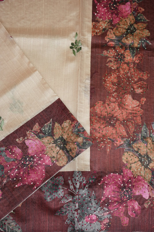 Ivory Semi Raw Silk Saree with Wine Floral Digital Printed Border