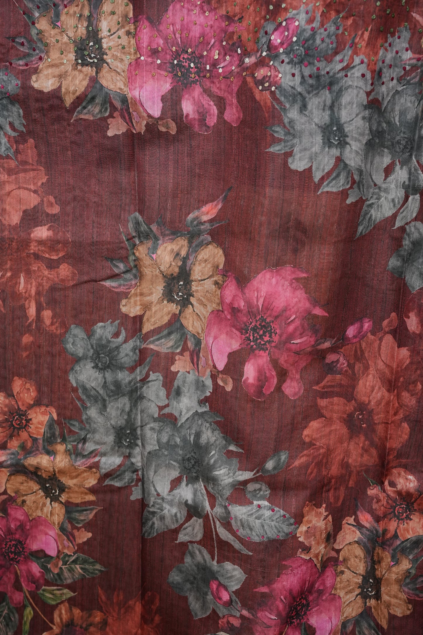 Ivory Semi Raw Silk Saree with Wine Floral Digital Printed Border
