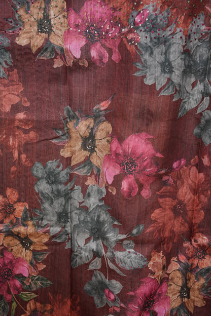 Ivory Semi Raw Silk Saree with Wine Floral Digital Printed Border