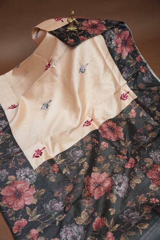 Ivory Semi Raw Silk Saree with Charcoal Grey Digital Floral Printed Border