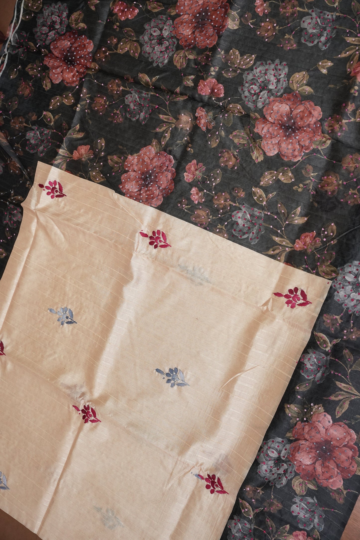 Ivory Semi Raw Silk Saree with Charcoal Grey Digital Floral Printed Border