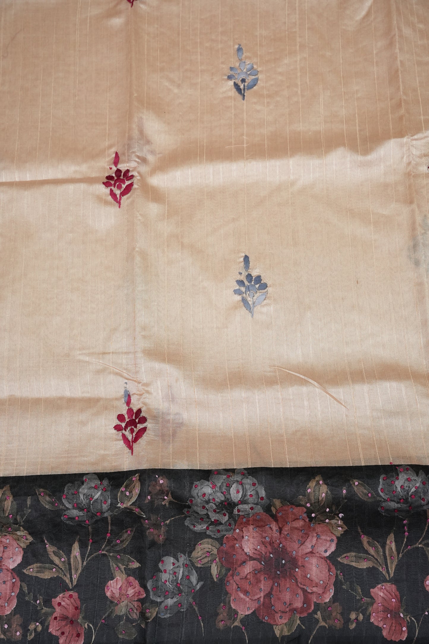 Ivory Semi Raw Silk Saree with Charcoal Grey Digital Floral Printed Border
