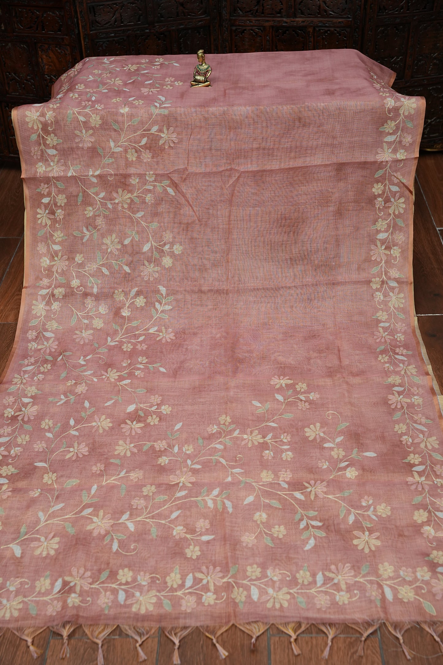 Embroidered Jute Linen Saree - Blush Pink