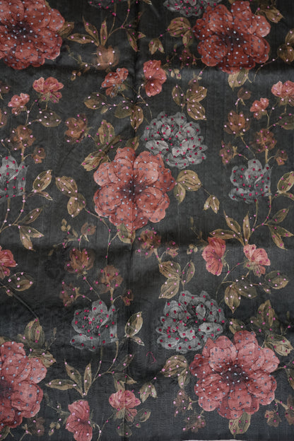 Ivory Semi Raw Silk Saree with Charcoal Grey Digital Floral Printed Border