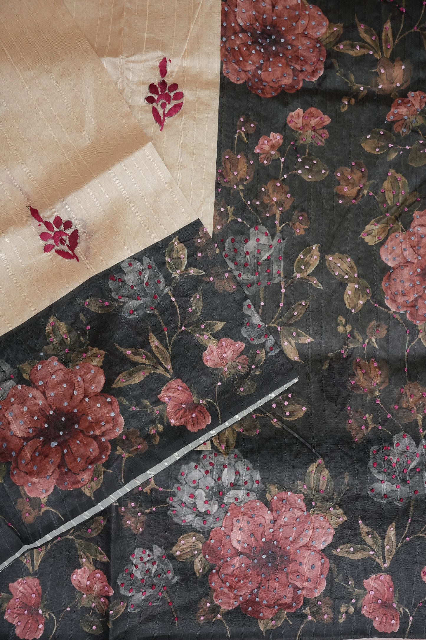 Ivory Semi Raw Silk Saree with Charcoal Grey Digital Floral Printed Border