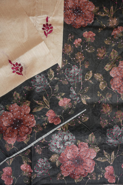 Ivory Semi Raw Silk Saree with Charcoal Grey Digital Floral Printed Border