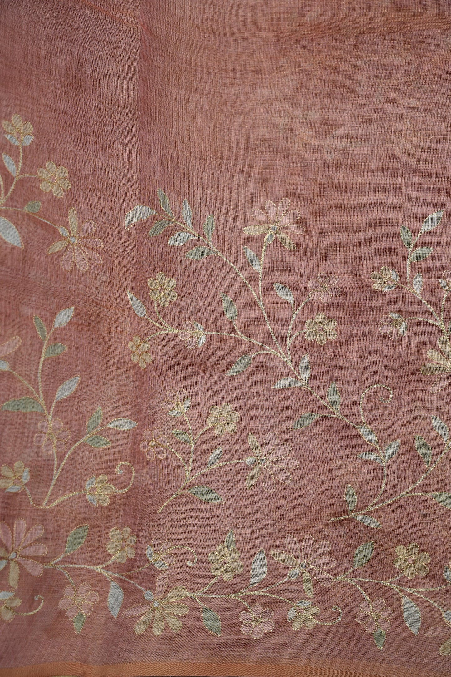 Embroidered Jute Linen Saree - Blush Pink