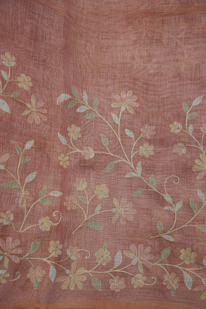 Embroidered Jute Linen Saree - Blush Pink