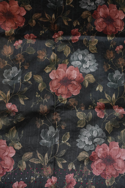 Ivory Semi Raw Silk Saree with Charcoal Grey Digital Floral Printed Border
