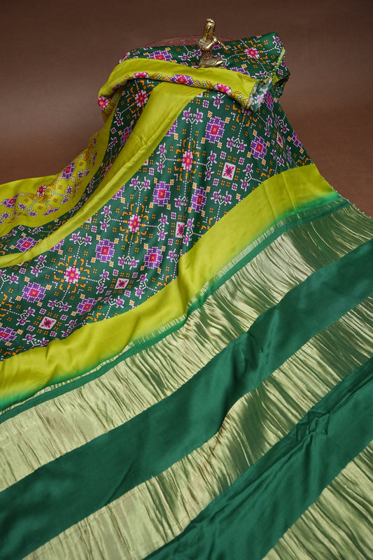 Gajji Silk Saree with Green Panels and Patola Prints