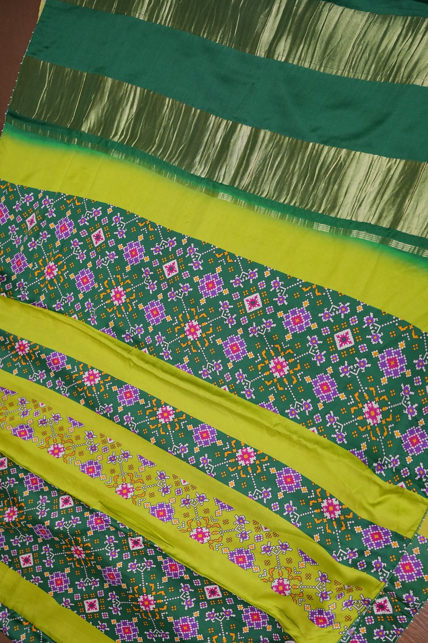 Gajji Silk Saree with Green Panels and Patola Prints