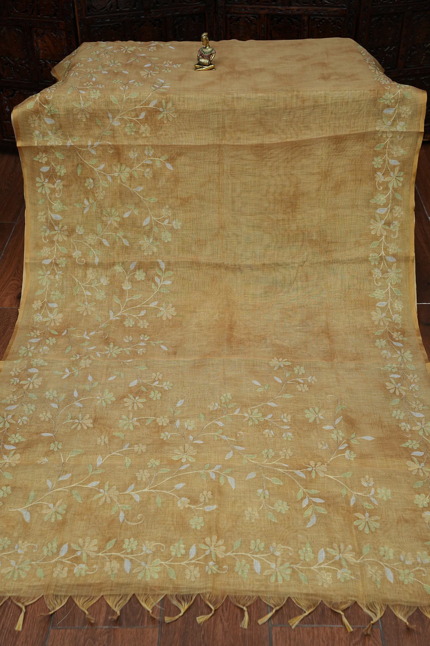 Embroidered Jute Linen Saree - Beige
