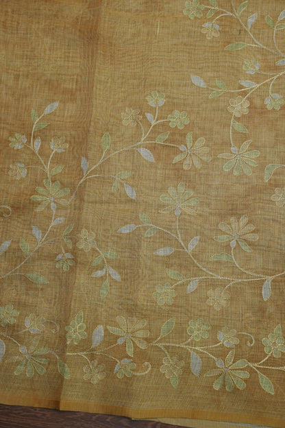 Embroidered Jute Linen Saree - Beige