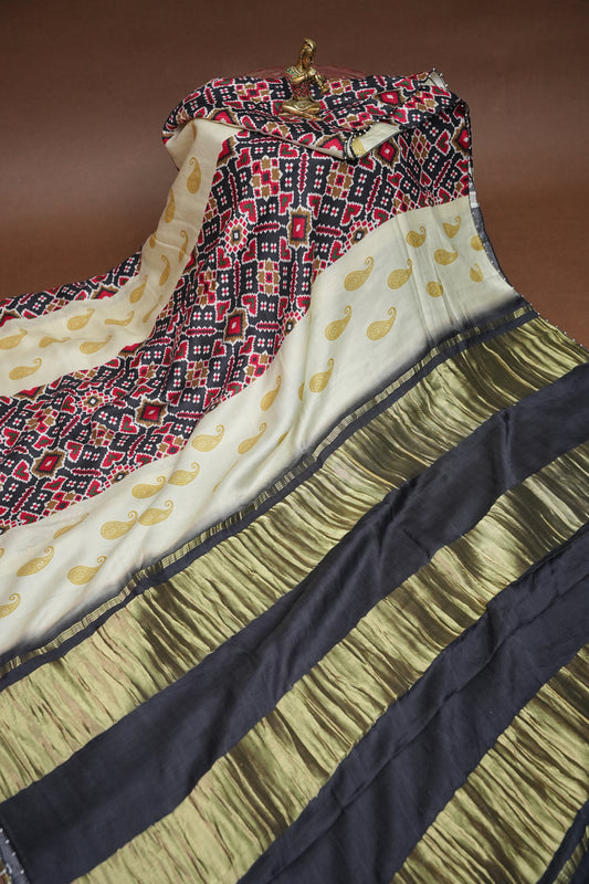 Gajji Silk Saree with Ivory & Charcoal Grey Patola Prints