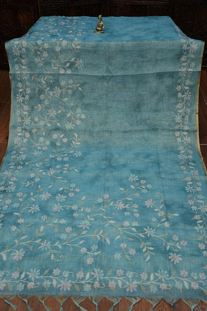 Embroidered Jute Linen Saree - Teal Blue