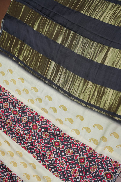 Gajji Silk Saree with Ivory & Charcoal Grey Patola Prints