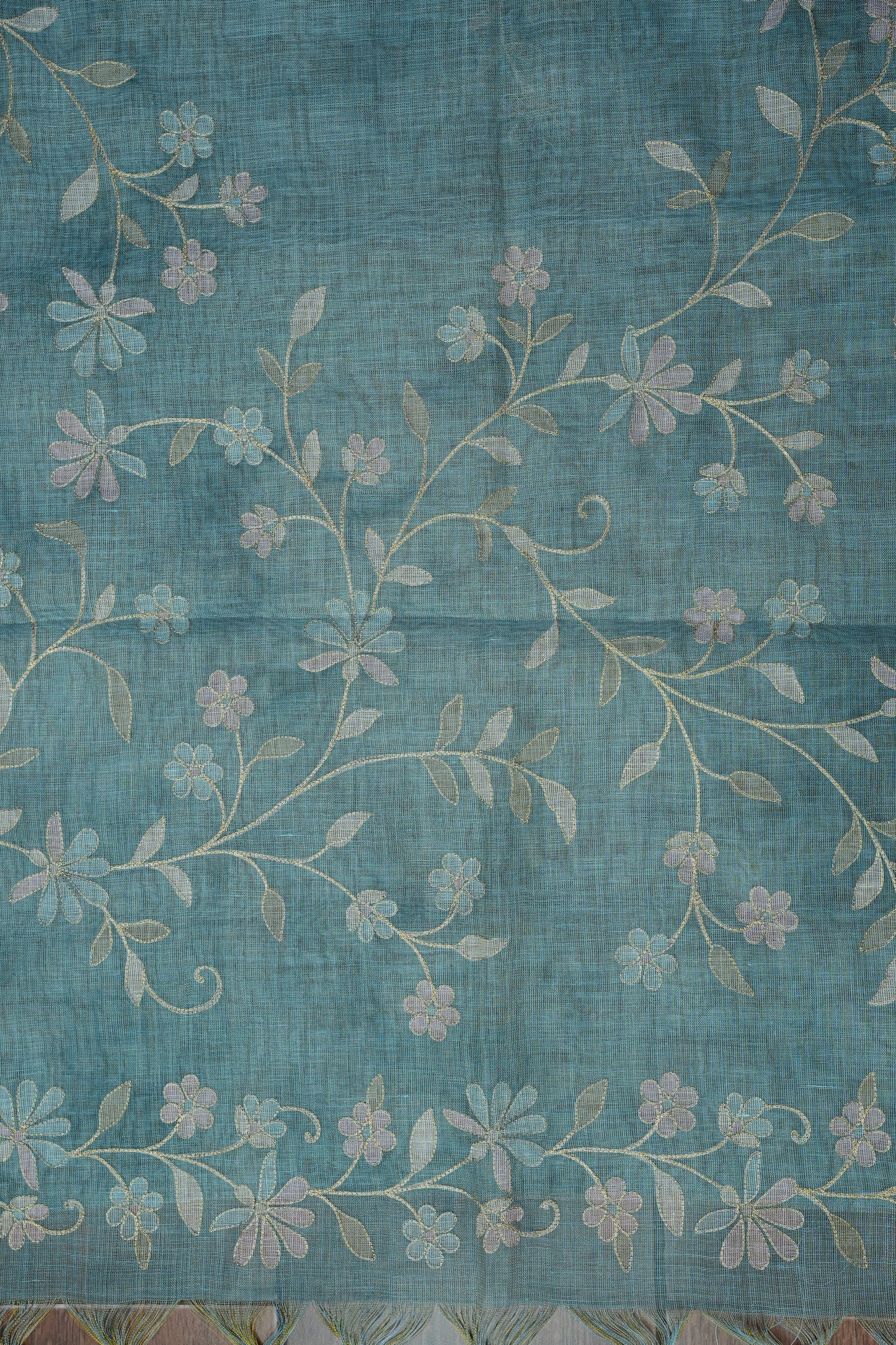 Embroidered Jute Linen Saree - Teal Blue