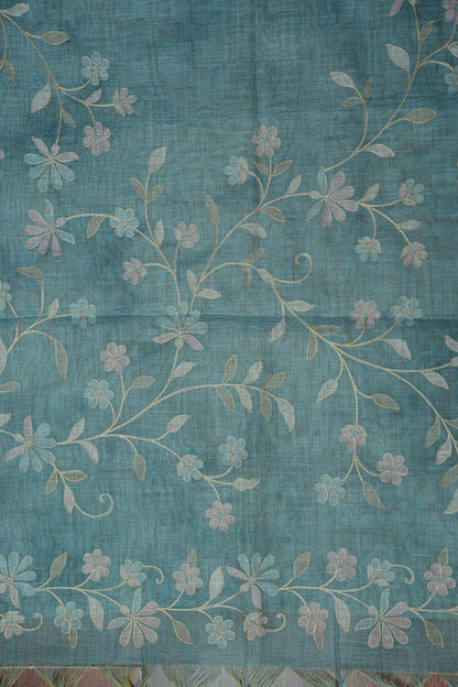 Embroidered Jute Linen Saree - Teal Blue