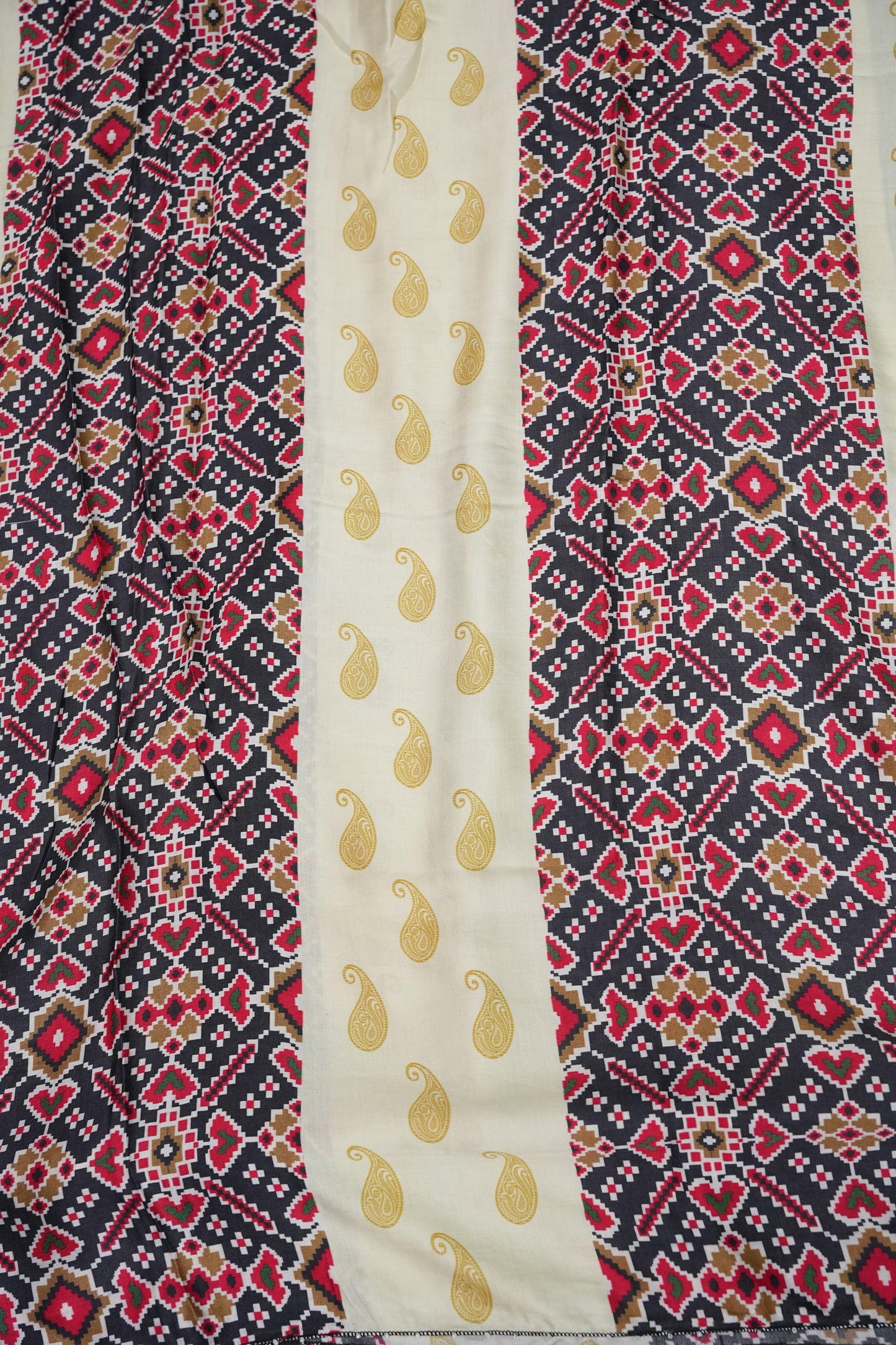 Gajji Silk Saree with Ivory & Charcoal Grey Patola Prints