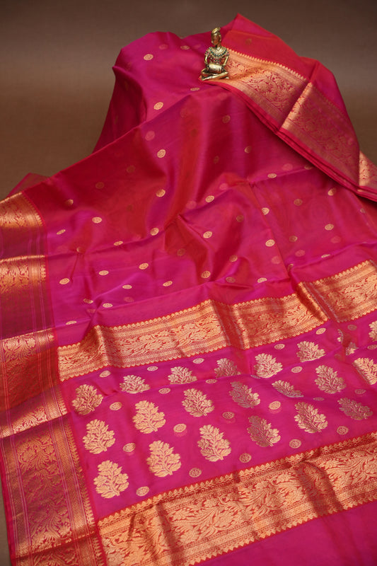 Pure Chanderi Silk Saree with Zari Buttas & Rich Tissue Border - Rani Pink