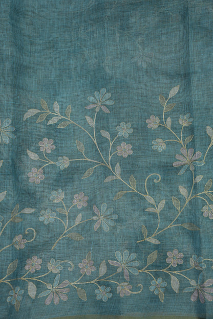 Embroidered Jute Linen Saree - Teal Blue