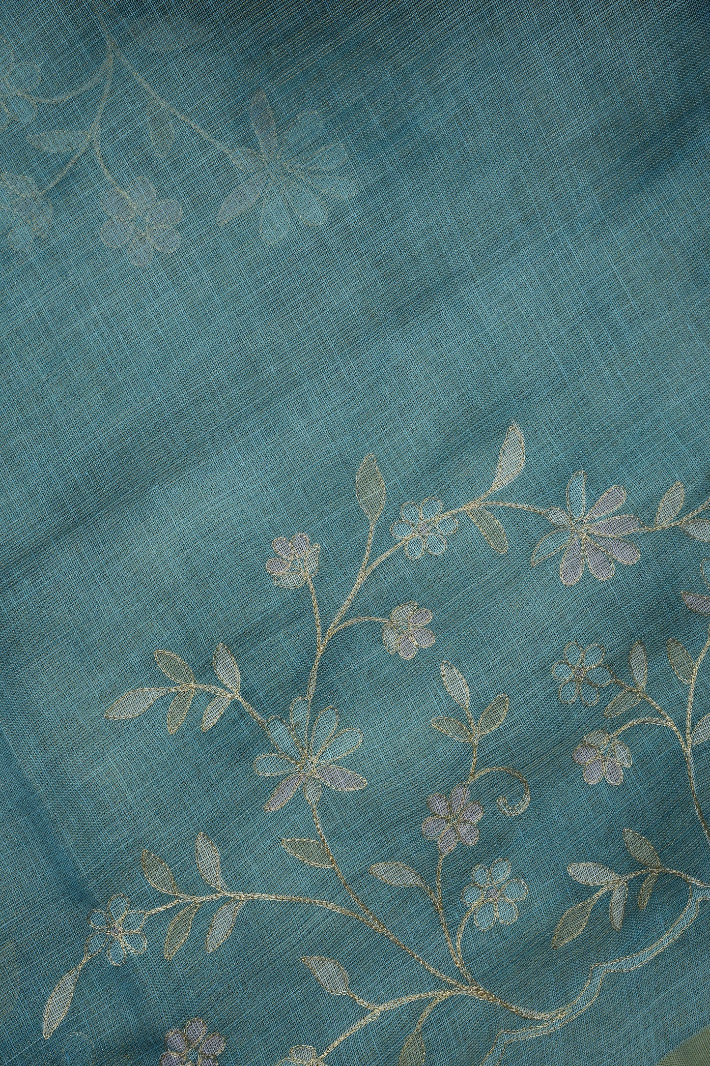 Embroidered Jute Linen Saree - Teal Blue