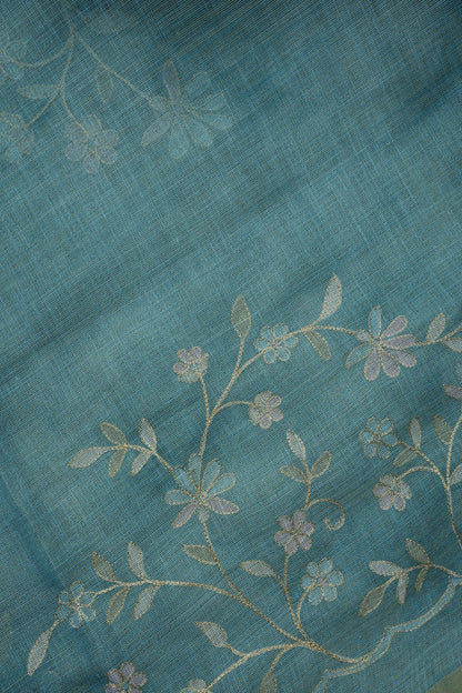Embroidered Jute Linen Saree - Teal Blue