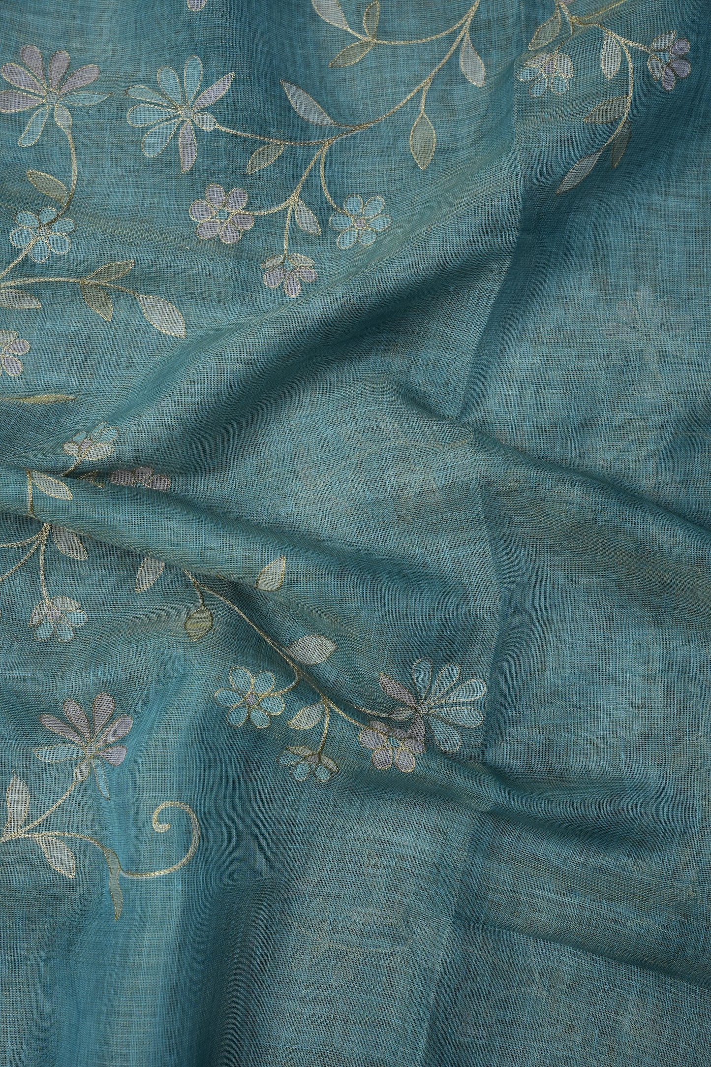 Embroidered Jute Linen Saree - Teal Blue