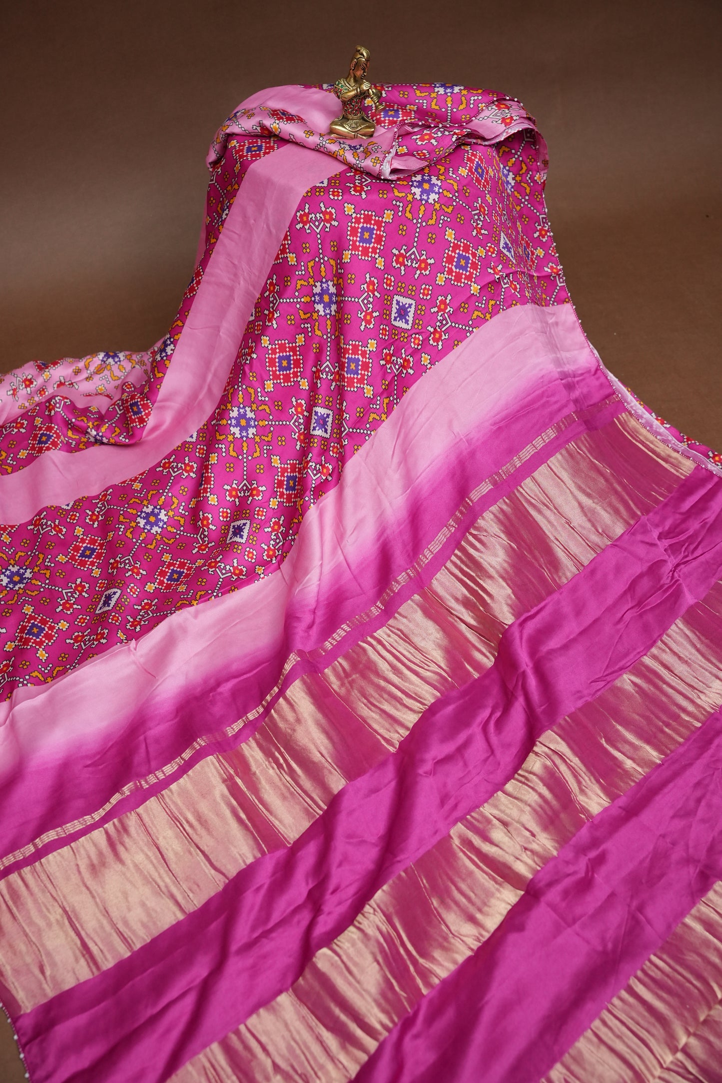 Gajji Silk Saree with Pink Panels and Patola Prints