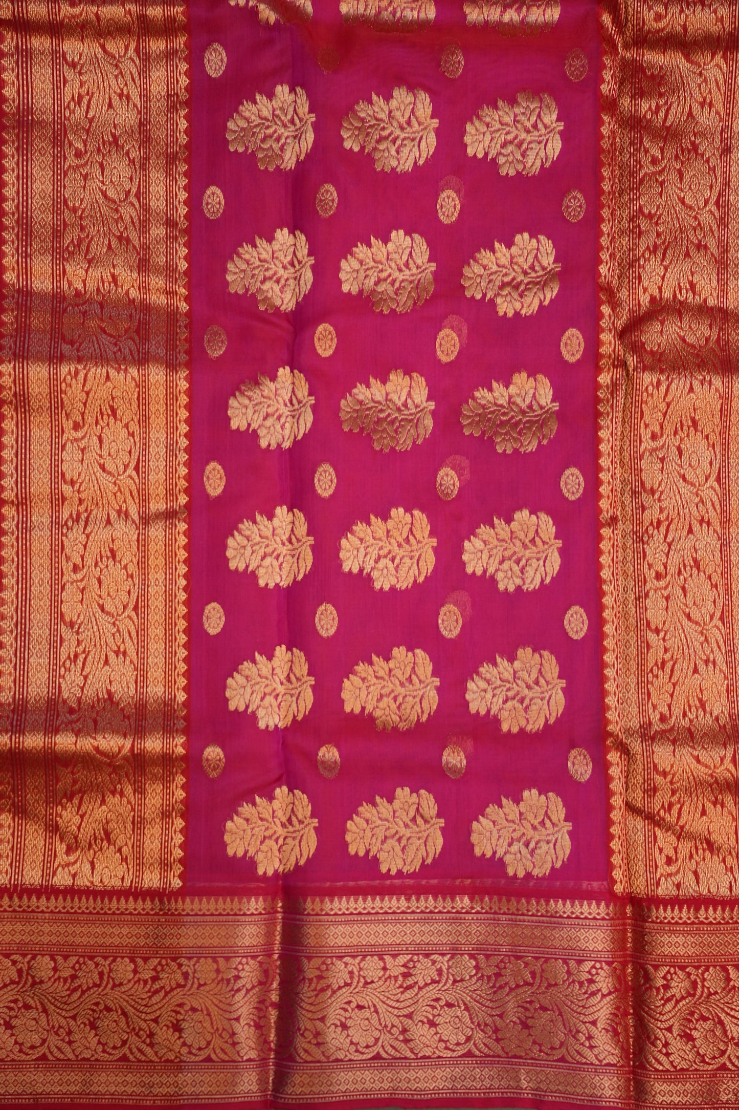 Pure Chanderi Silk Saree with Zari Buttas & Rich Tissue Border - Rani Pink