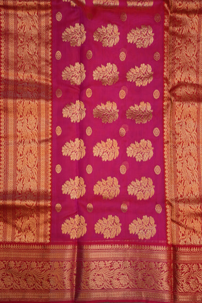 Pure Chanderi Silk Saree with Zari Buttas & Rich Tissue Border - Rani Pink
