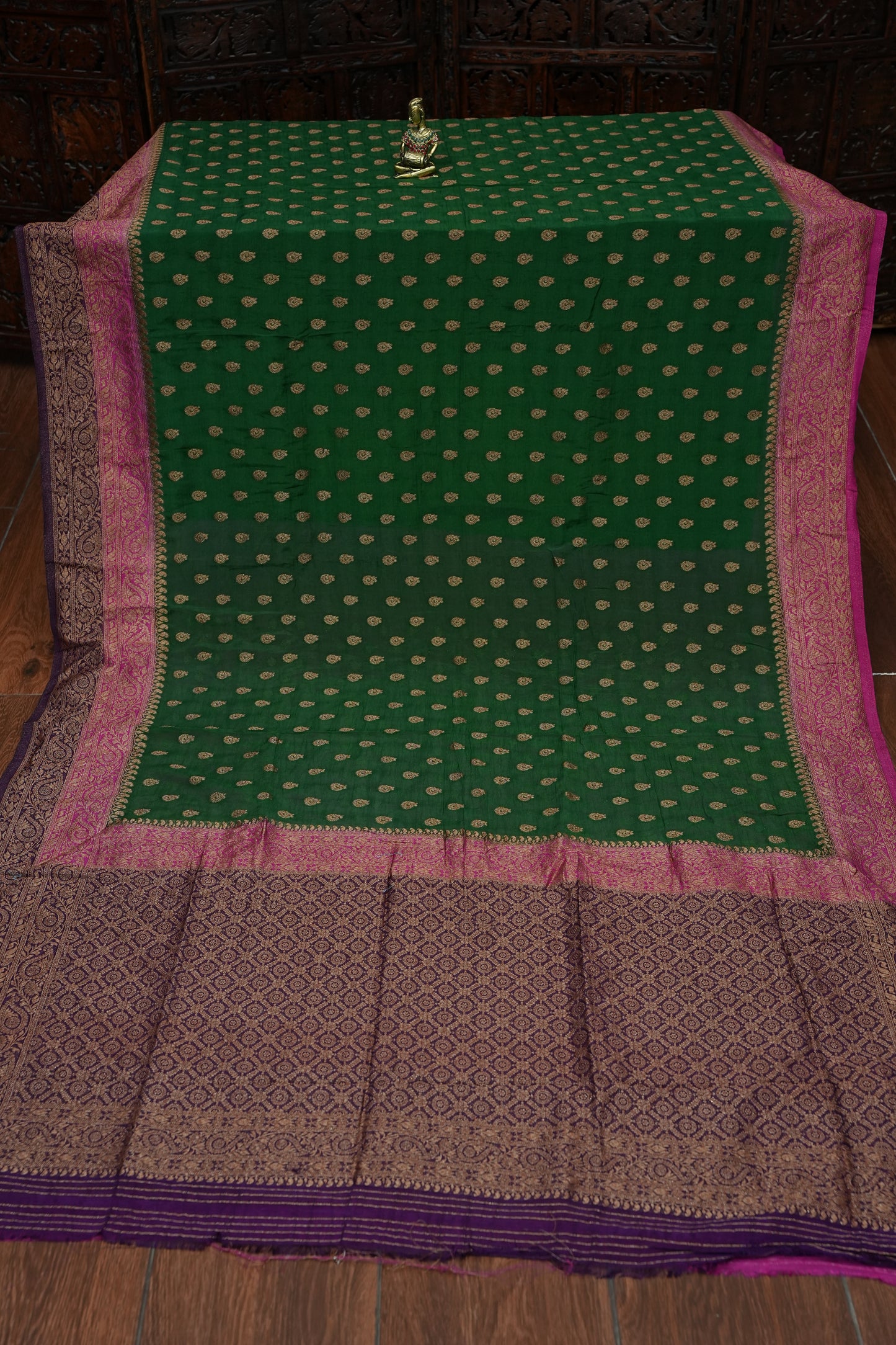Banarasi Crepe Silk Georgette Saree – Bottle Green with Pink
