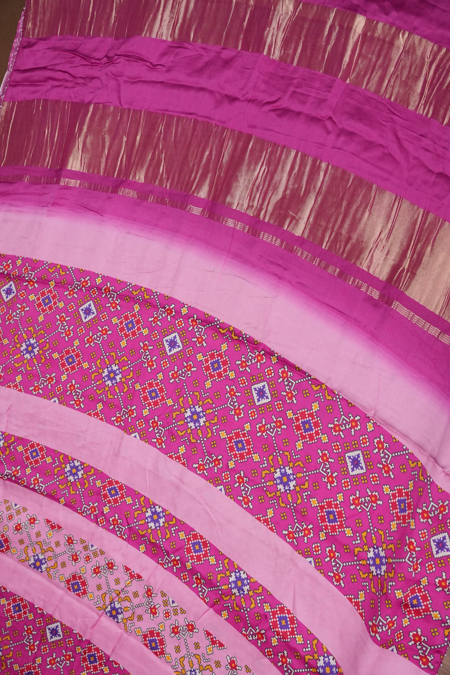 Gajji Silk Saree with Pink Panels and Patola Prints