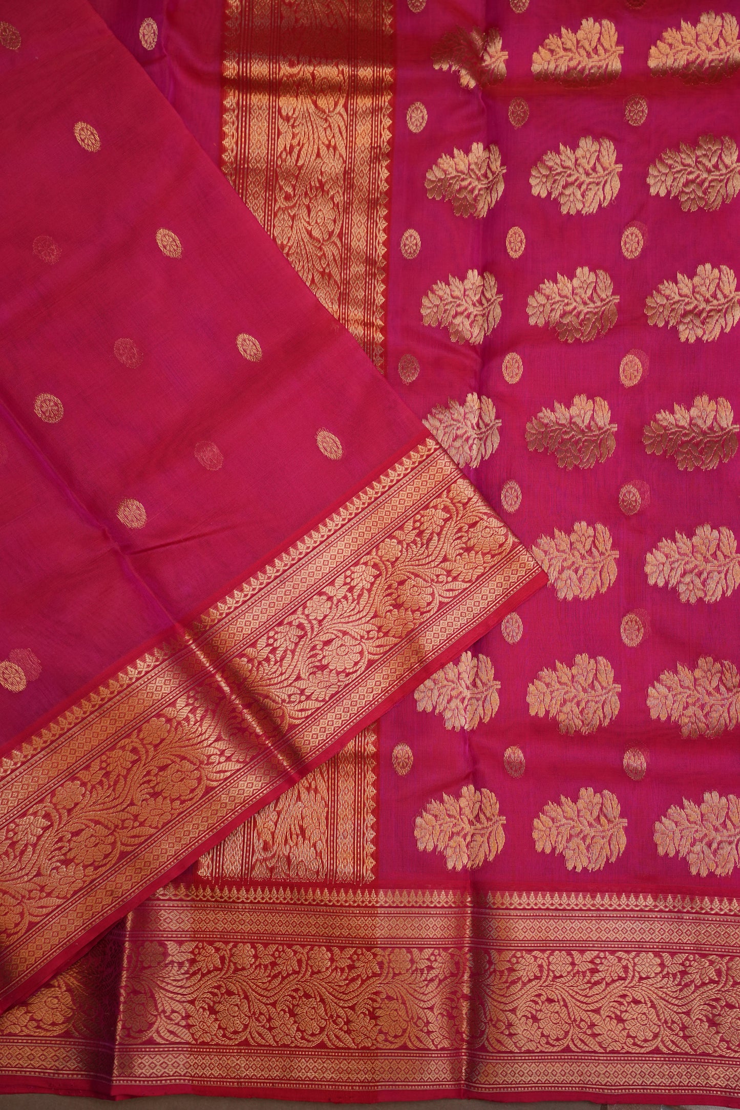 Pure Chanderi Silk Saree with Zari Buttas & Rich Tissue Border - Rani Pink