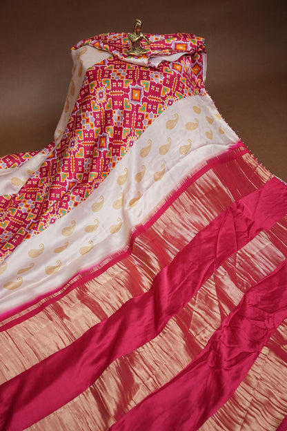 Gajji Silk Saree with Ivory Panels & Raspberry Pink Patola Prints